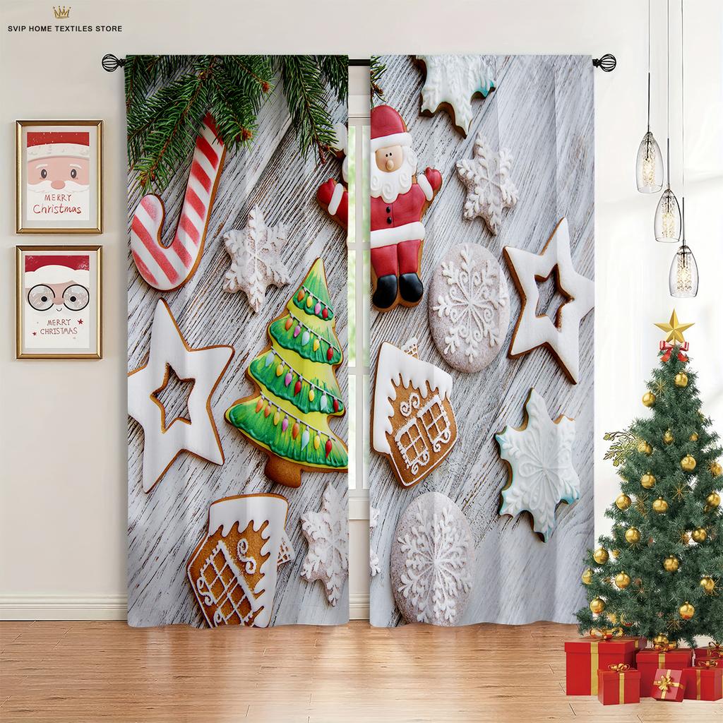 2pcs Cartoon Santa Claus Merry Christmas Printed Curtains Kids Gift Bedroom Restaurant Holiday Party Decorative Curtains