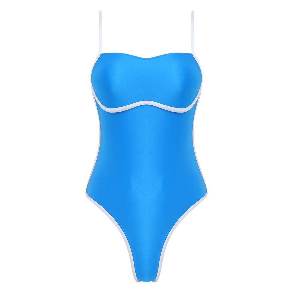 Satin Color Block One Piece Swimsuit for Women Square Neck Adjustable Straps Bathing Suit with Edges Design for Pool Summer
