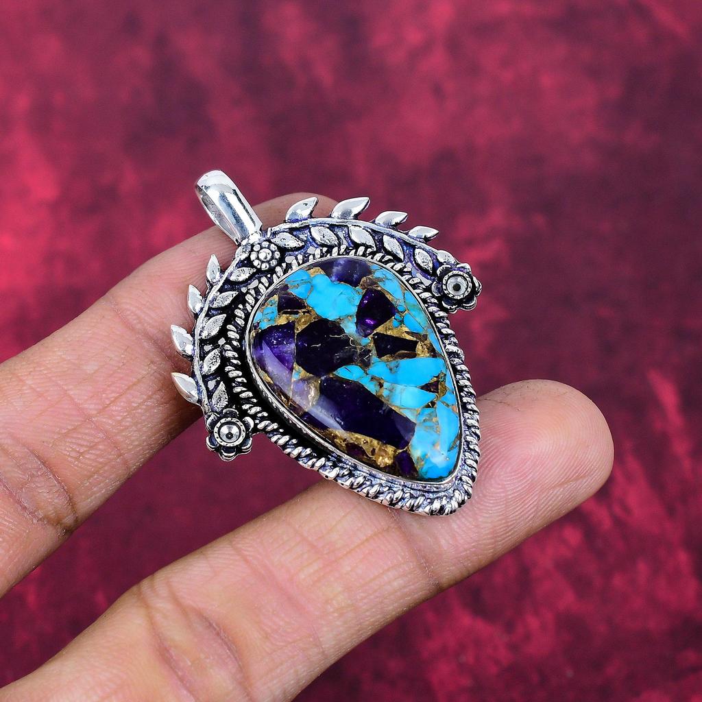 Kupfer Amethyst Türkis Schmuck, 925 Massiv Sterlingsilber Anhänger Handgefertigter Edelsteinschmuck, Geschenke für Ehefrau Brandneuer Anhänger