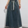 Womens Denim Maxi Skirt Elastic Waist With Drawstring Loose A-Line Swing Street Style