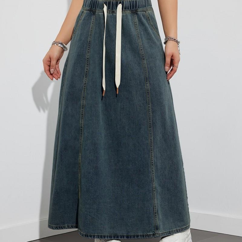 Womens Denim Maxi Skirt Elastic Waist With Drawstring Loose A-Line Swing Street Style