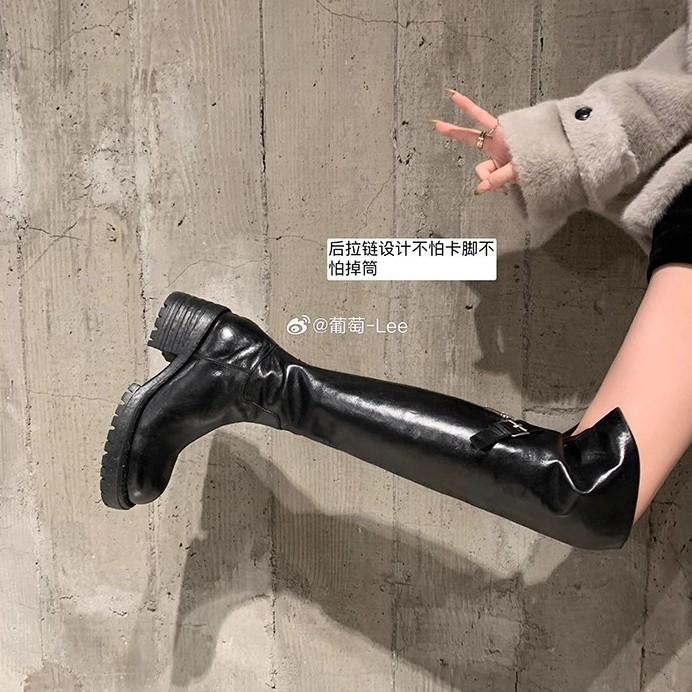 Shoes British style round head thin versatile thick heel back zipper knee boots boots