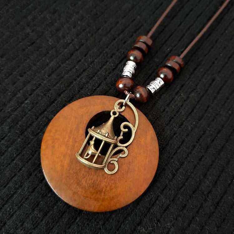 Ethnic Style Cotton-Linen Wooden Sweater Chain Necklace with Alloy Leaf Pendant