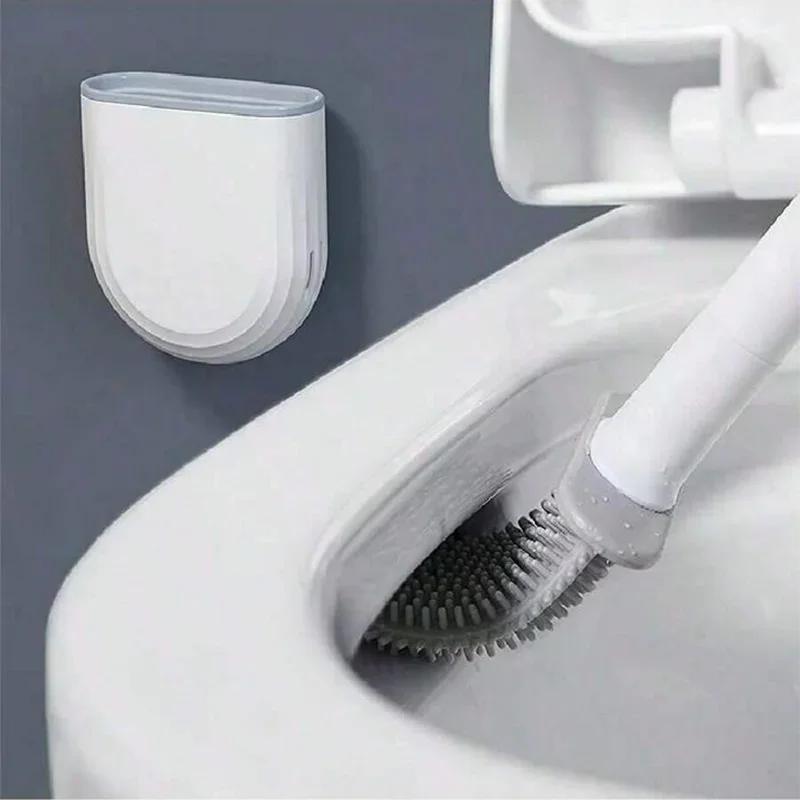 A Set of Silicone Toilet Cleaning Brush, Wall Mounted Toilet Cleaner, Broom, Modern Bathroom Kit,and Beauty Bathroom Accessories