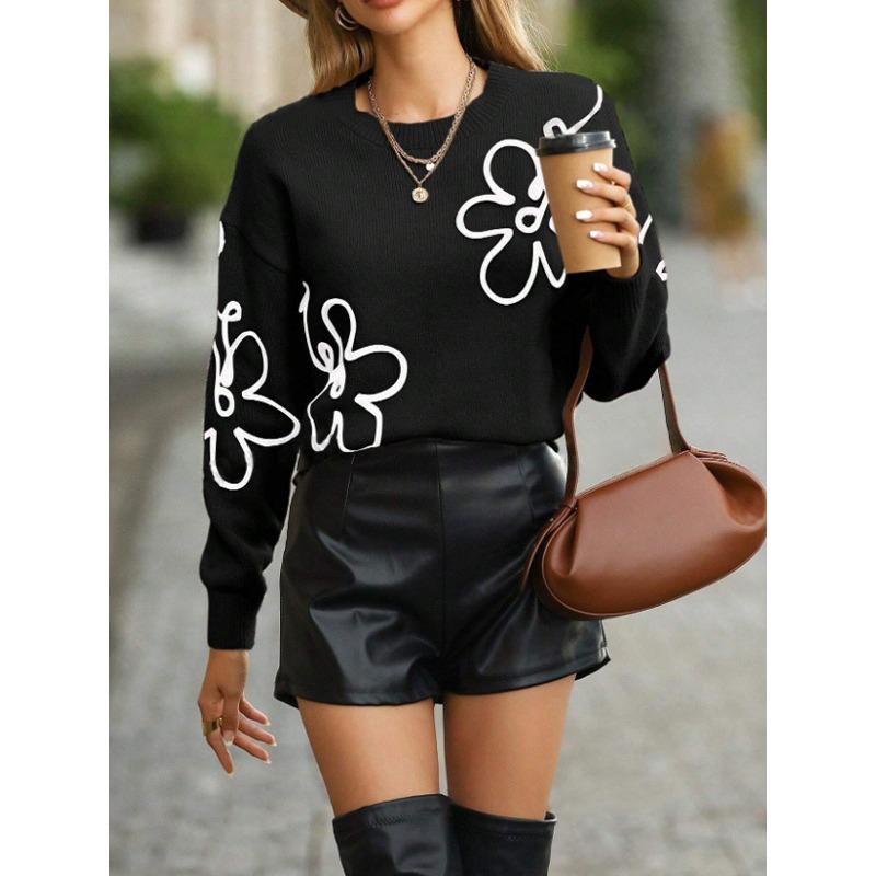 Women S Crew Neck Long Sleeve Flower Jacquard Knit Pullover Sweater