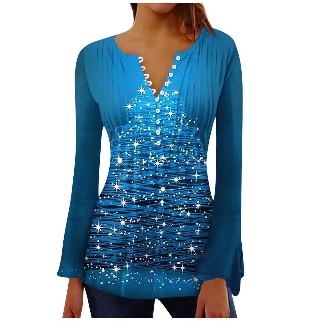 Women's Fashion Christmas Printed V-Neck Long Flared Sleeve Pleated Button T-Shirt Top