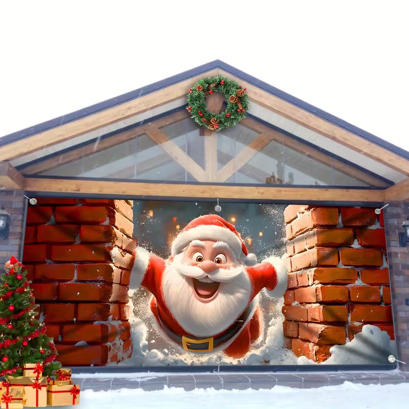2D Funny Santa Claus Coming Out of Chimney Garage Door Backdrop