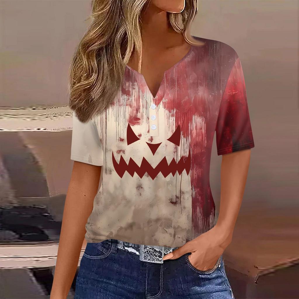 Women's T Shirt Halloween Print Button Short Sleeve Daily Weekend Fashion Basic V- Neck Regular Top