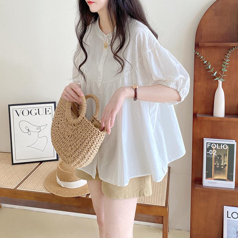 Summer 2026 White Korean Style Loose Lantern Sleeve Cotton Blouse Extra Large