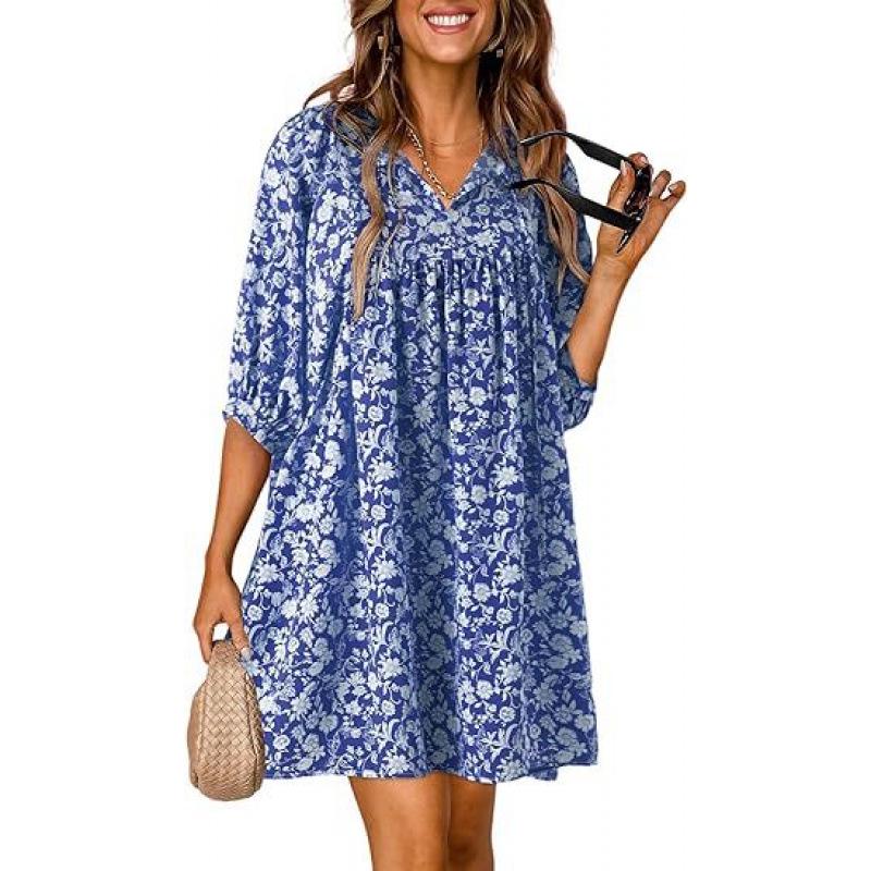 

2026 Summer Bohemian Floral V-Neck Lantern Sleeve Beach Dress XL