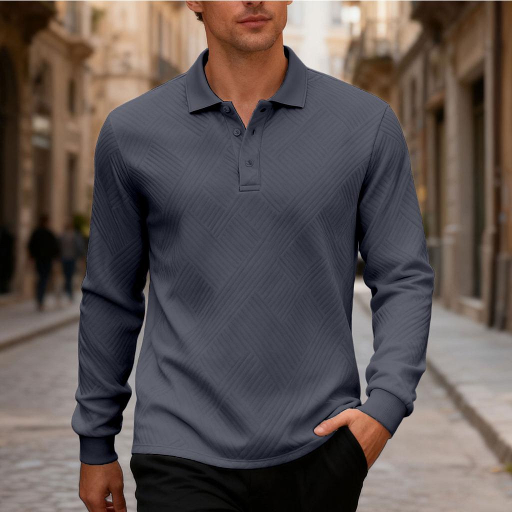 New Men's Solid-Colour Relaxed-Fit Casual Polo Shirt Long-Sleeved Button-Down Collar Jacquard Textured Sweatshirt
