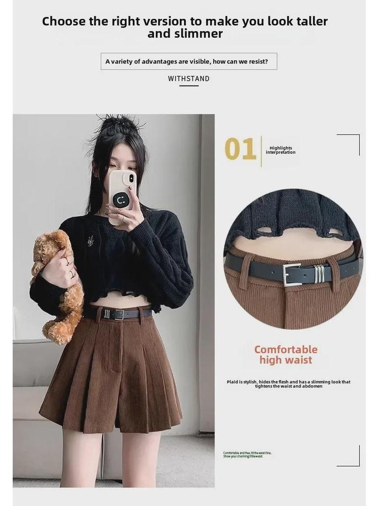 Women's High-Waist Corduroy Pleated Shorts - 2024 Spring Collection, Slimming Wide-Leg Casual Booty Shorts for Petite.