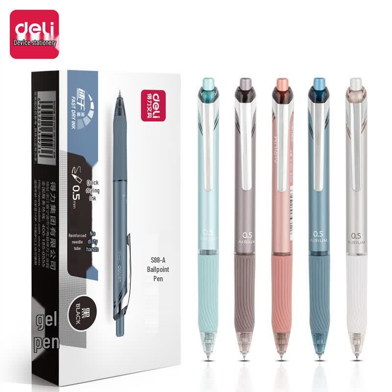 Deli S88-A 0.5mm Black Quick-Dry Ret retractable Gel Pens, 12-Pack