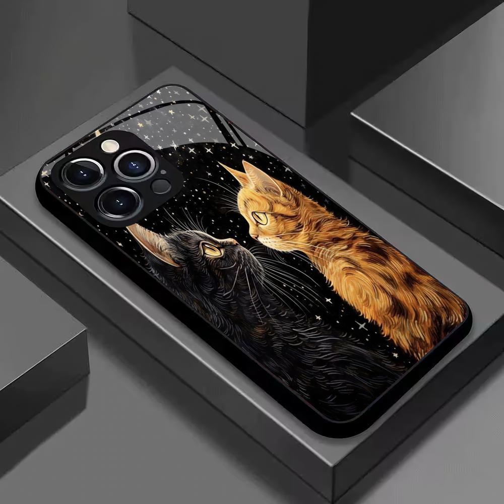 Süße Katze gehärtetes Glas Handyhülle für iPhone 17/16/15/14/13/12/11 Pro Max All-inclusive Anti-Fall und Stoßfest Rückseite