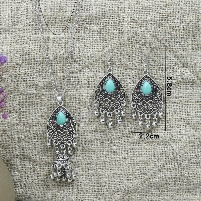 GemChic Women's New Classical Ethnic Alloy Hollow Bell Tassel Pendant Necklace Earrings Two Piece Set Birthday Christmas Jewelry Gift