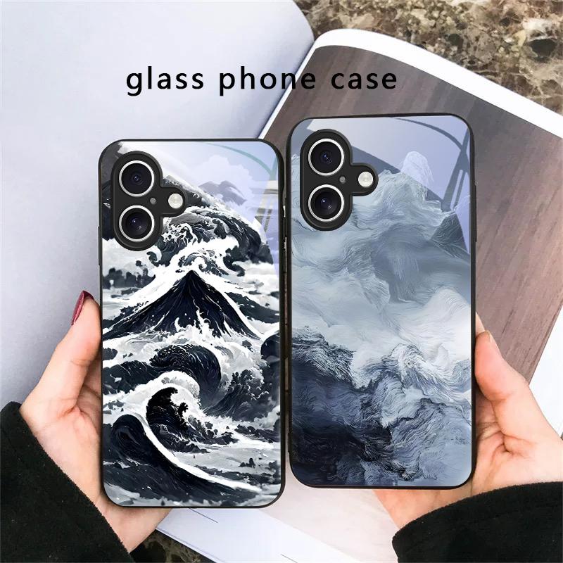 Abstract Modern Waves For iPhone 17 Air 16 E 15 Plus 14 Pro Max 13 12 mini 11 5 6 7 8 Plus XR XS Max SE Black Glass Phone Case