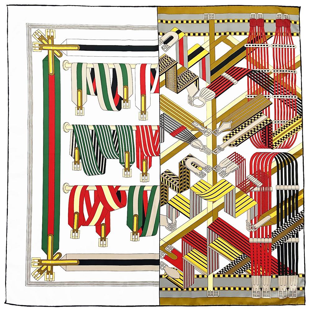 

90cm Luxury Brand Scarf Women Foulard Bandana Handmade Curled Twill Silk Square Scarf Chain Belt Design Head Hijab Scarves 90x90cm