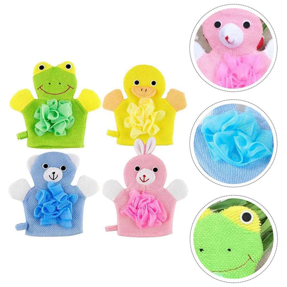 4 Pcs Baby Bath Gloves Cartoon Exfoliating Gloves Baby Kids Shower Gloves Scrubbing Gloves Bath