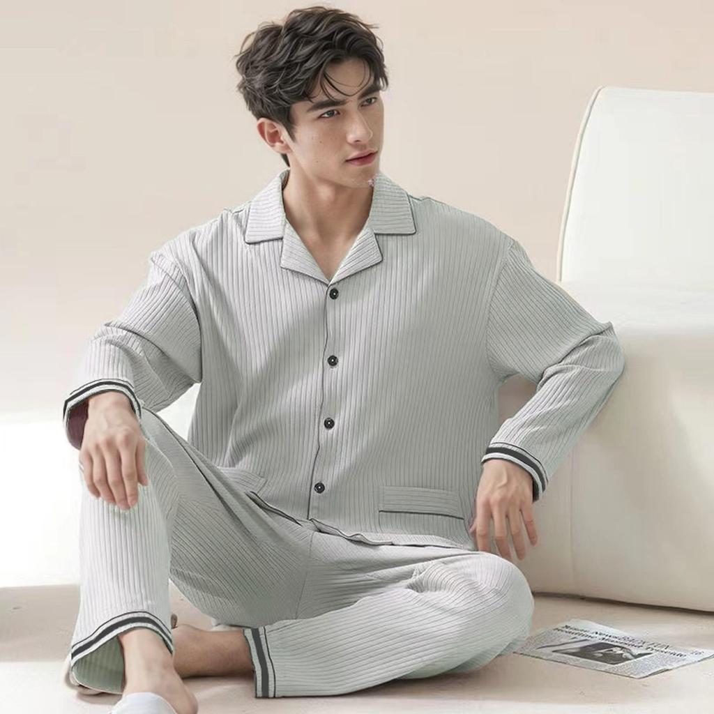 Men's 100% Cotton Pajama Set for Spring & Autumn: Long Sleeve, Long Pants, Versatile Outdoor Wear