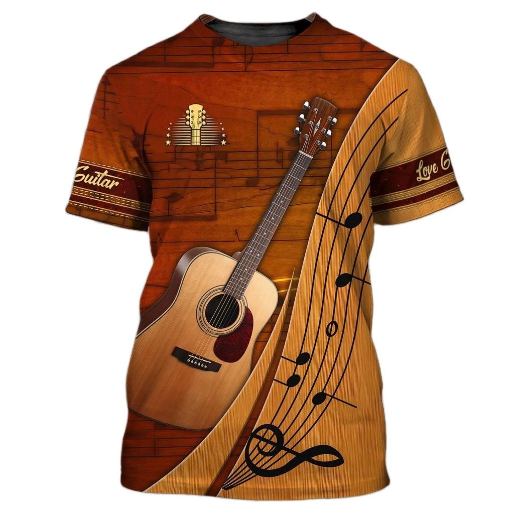 3D Fashion Music T-shirt Hoodie Short Sleeve Round Neck Rock Hip Hop Top Summer Men's T-shirt Guitar Pattern