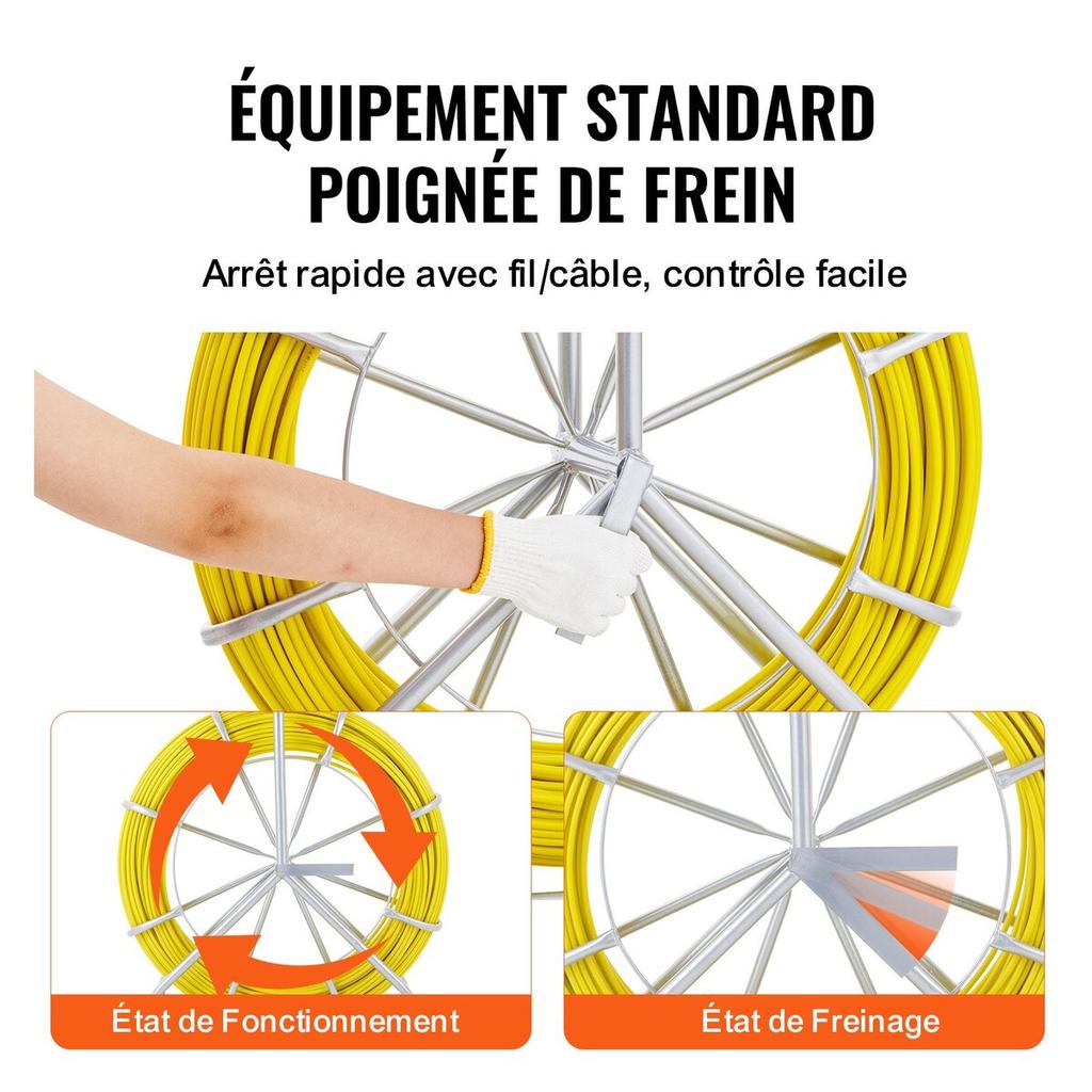 Fish Tape Fiberglass, 425 ft, 1/4 inch, Duct Rodder Fishtape Wire Puller, Cable Running Rod with Steel Reel Stand, 3 Pulling Heads, Fishing Tools for