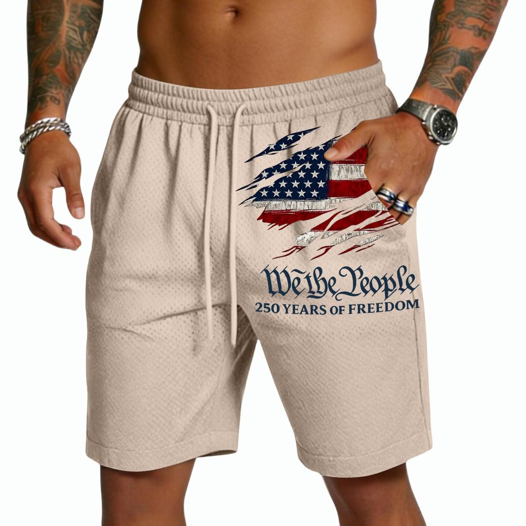 Pantalones Cortos de Malla para Hombre con Cintura de Cordón y Gráfico de Bandera We The 250 Años de Estilo Holgado