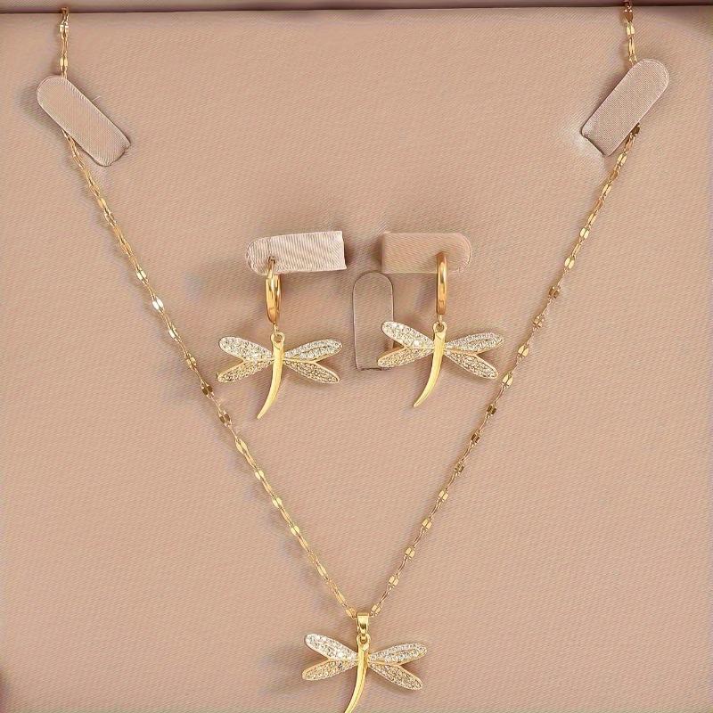Fashion Gold Color Copper Dragonfly Earrings Necklace Set Zirconia Sparkling Temperament Women Wedding Jewellery Set Accessories