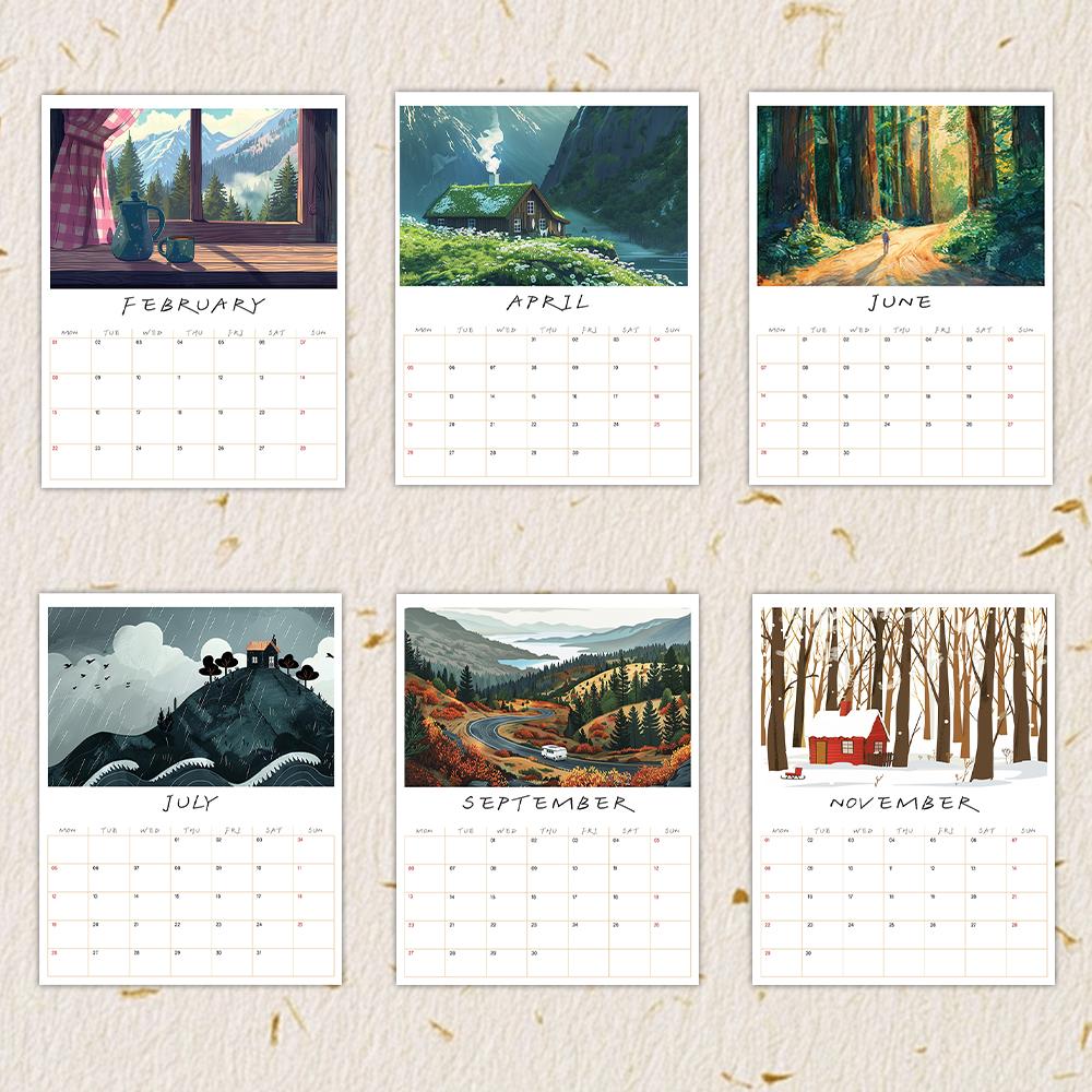 1pc, 2026 Hand-Painted Illustration Series Calendar, Natural Landscapes, 12 Unique Designs, Wall Calendar, Birthday, Christmas