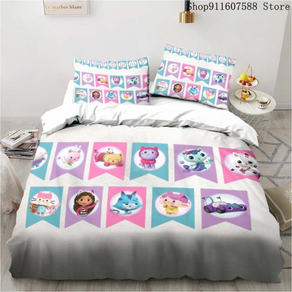Gabby's Dollhouse Bedding Set Kawaii Bed Linen Set Single Double Size Home Decor For Girls Kids Cartoon Cute Cat Duvet Cover Set