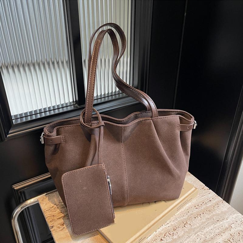 Suede Shoulder Bags for Women Large Capacity Totes Lightweight Underarm Bag Casual Shopper Handbag Solid Color Travel Bucket Bag
