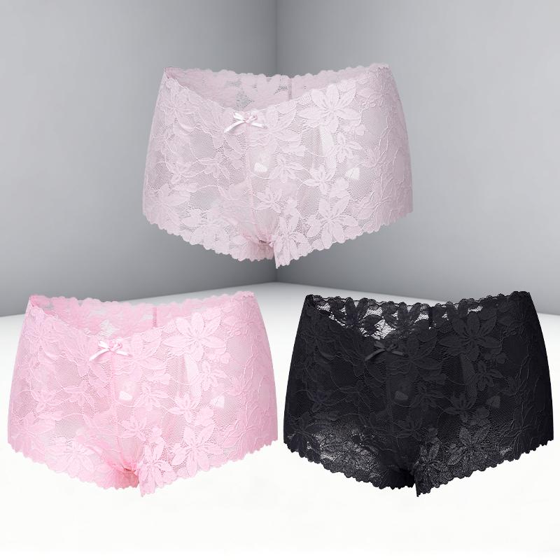 FINETOO 3Pcs Women's Sexy Lace Floral Perspective Boyshorts Solid Color Hollow Out Boxer Panties Female Breathable Transparent Lingerie