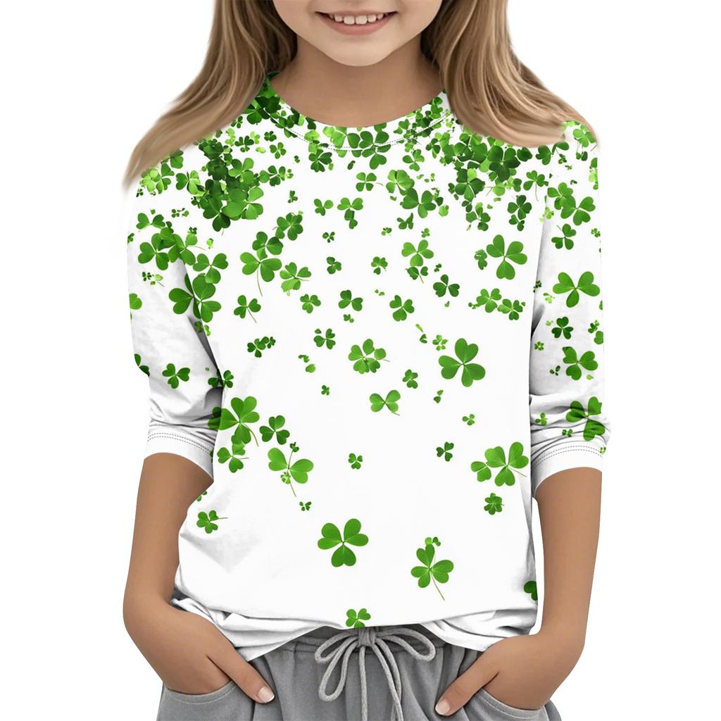 St. Patrick's Day Print Tops For Youth Girls 4-11 Years Round Neck 3/4 Sleeves T-Shirts Trendy Tops Outfit Tees