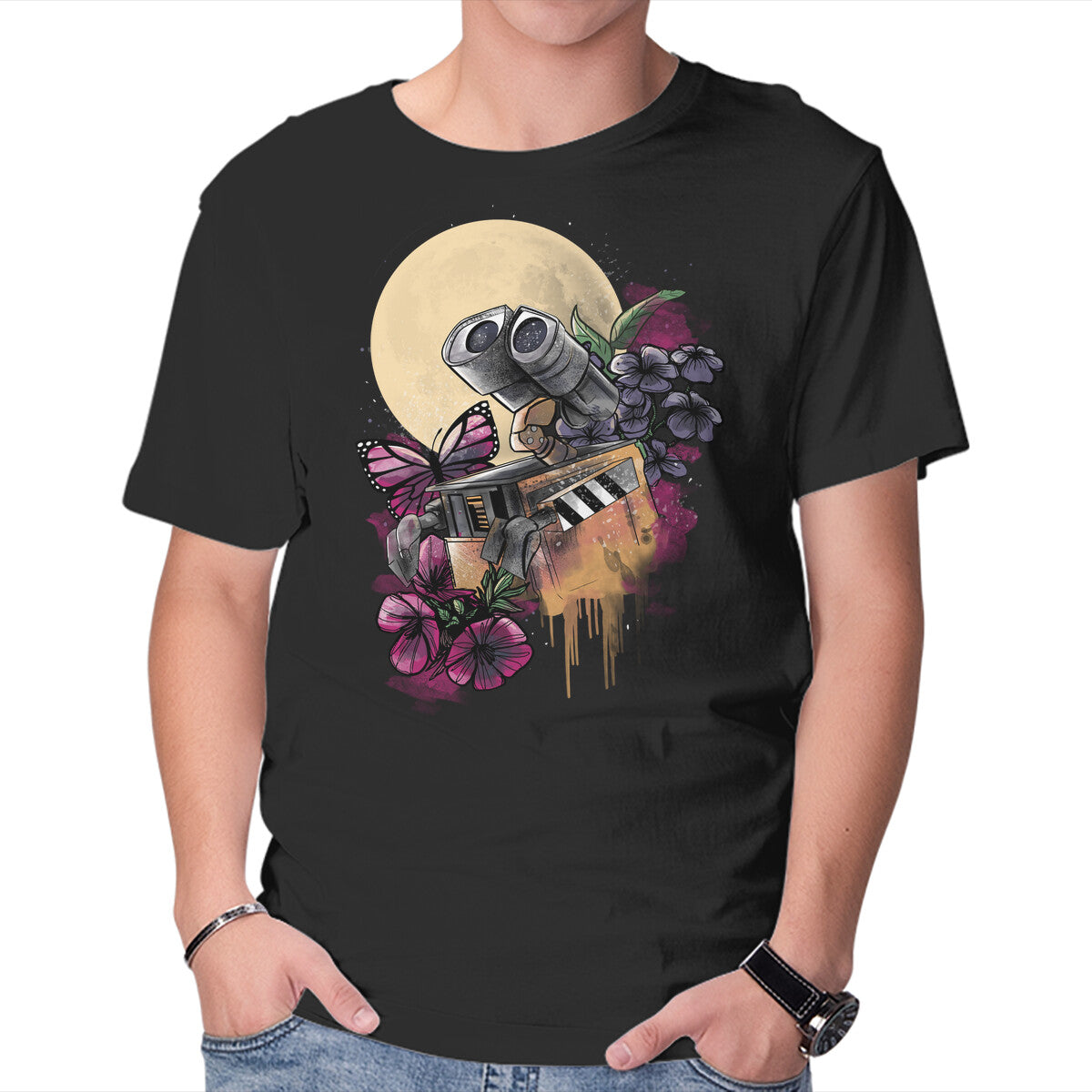 Unisex Crew Neck T-Shirt Moonlight Robot Graphic Short Sleeve Casual Tee XS
