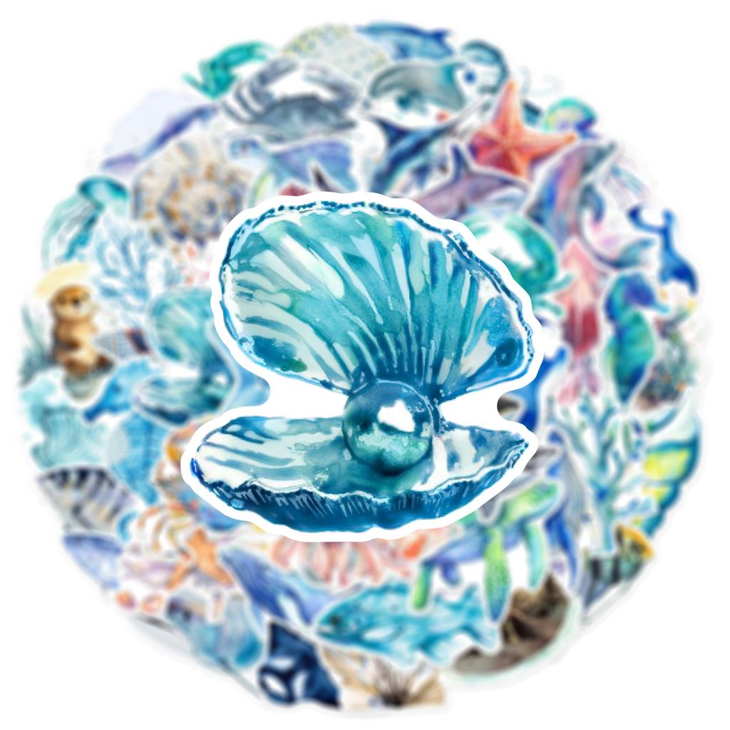 50pcs/pack New Hand Drawn Ocean Series Graffiti Stickers For Luggage Phone Guitar Water Cup Movable Stickers