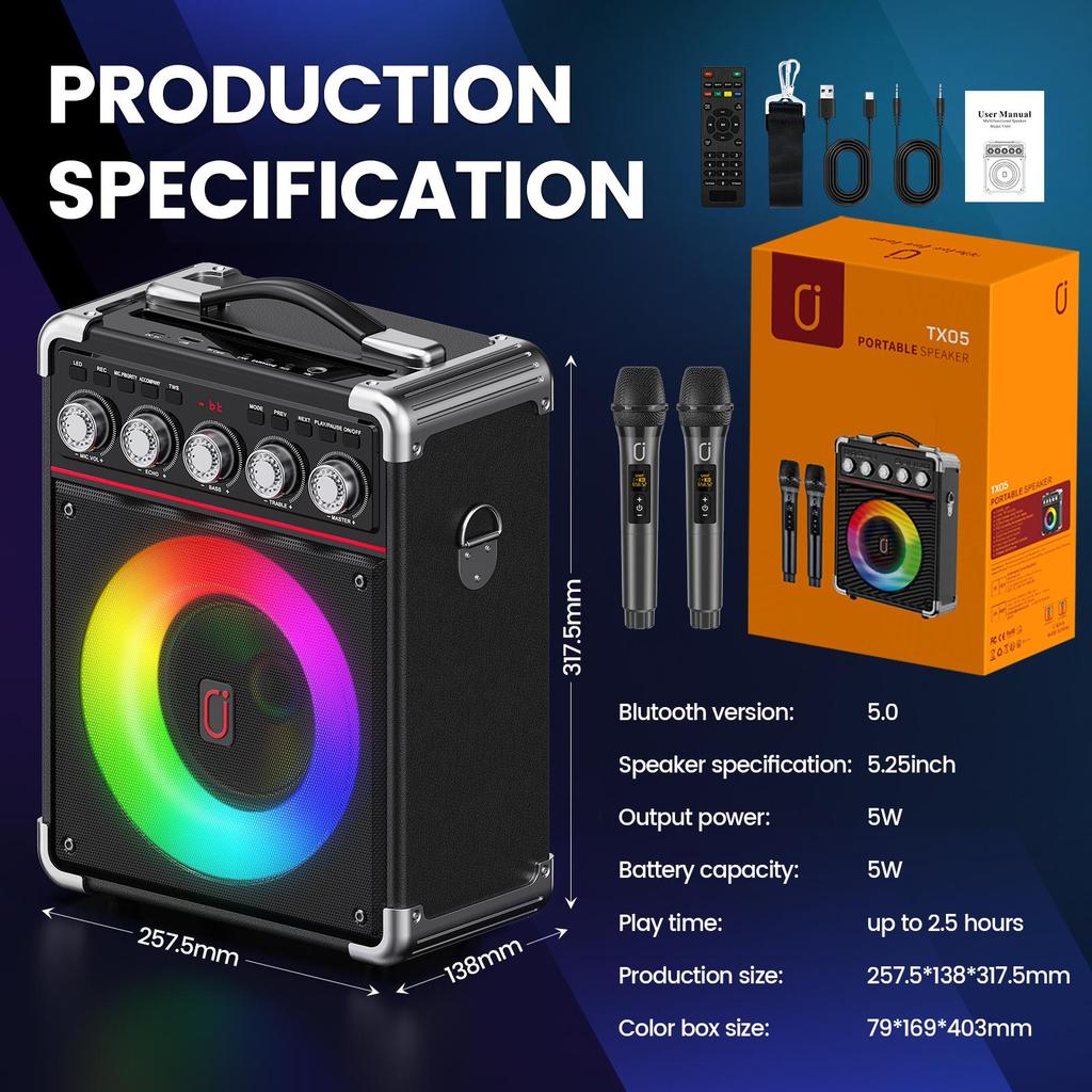 Karaoke-Maschine mit 2 Mikrofonen: HWWR Tragbare Karaoke-Maschine für Erwachsene Kinder, Party-Bluetooth-Lautsprecher mit Bass-/Höhenregelung