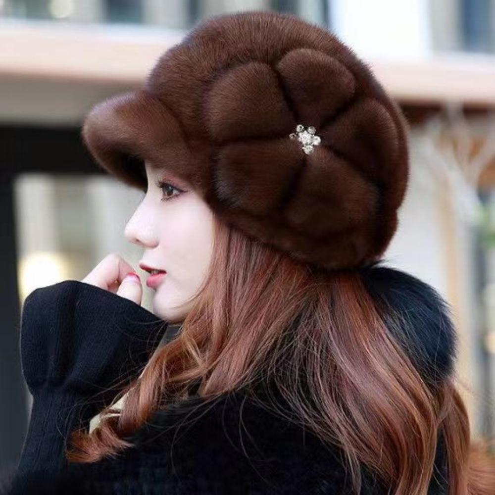 Hat Female Winter Mink Hair Mom Hat Thickened Warm Snowy Fur Beret Cap Thickened Hat