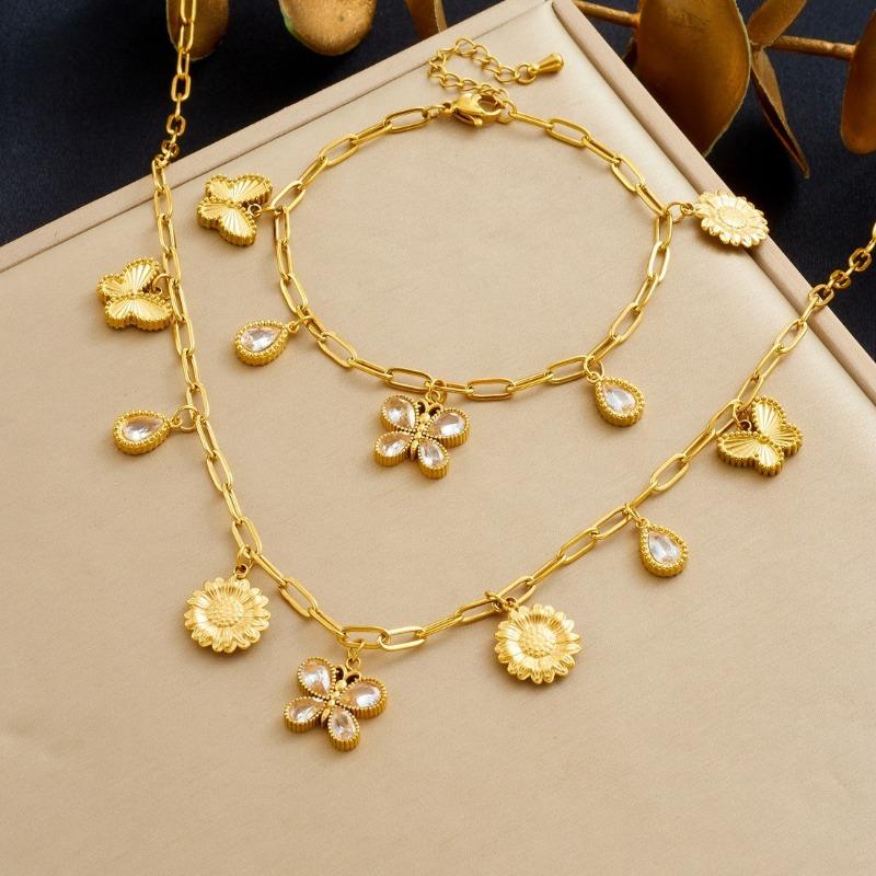 Gold Butterfly Sunflower Crystal Charm Jewelry Set золотой