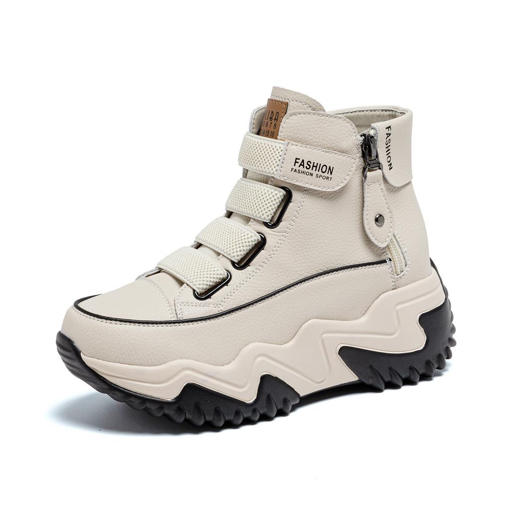 Leather high-top dad shoes autumn new thick-soled Velcro breathable double zipper casual shoes