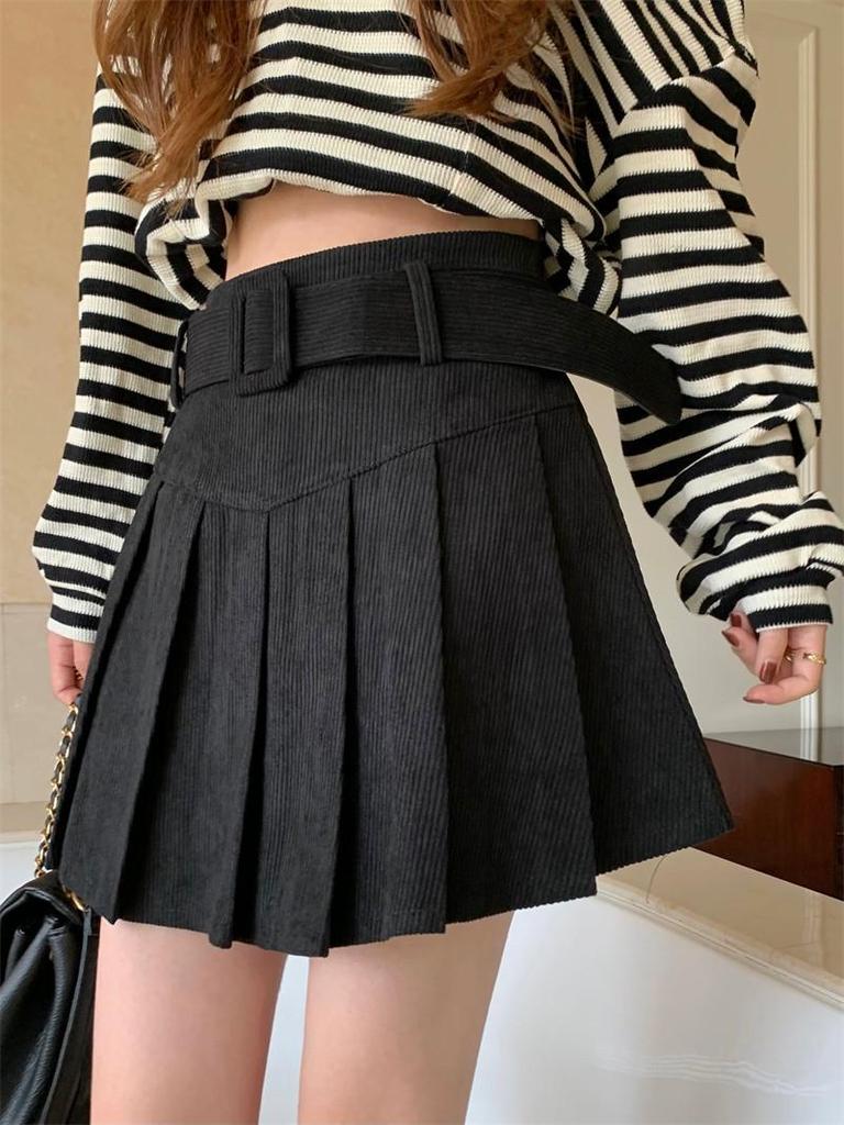 Fat Sister Corduroy Pleated A-Line Skirt for Women - High Waist Slimming Short Skirt for Autumn/Winter