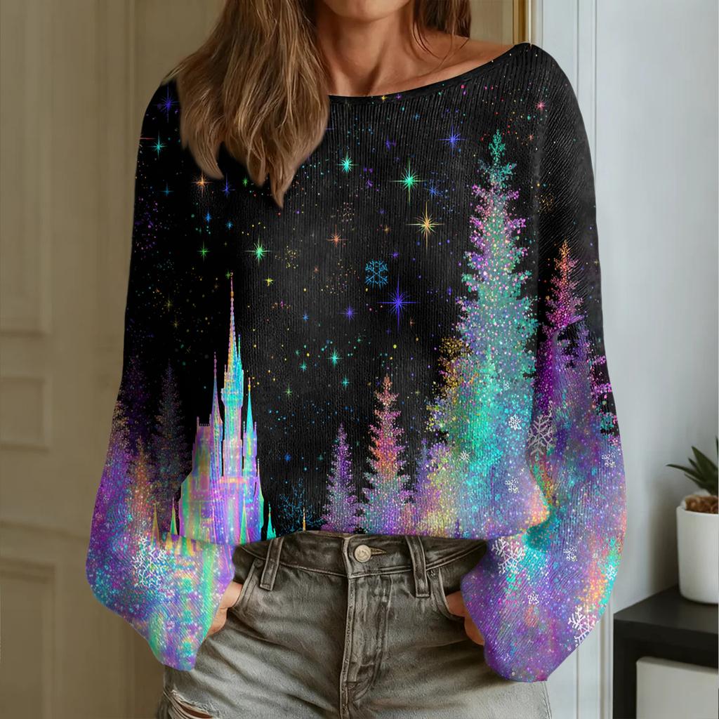 Women's Fashion Round Neck Long Sleeve Christmas Print Casual Pullover Sweater Top