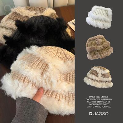 Women's Winter Rabbit Fur Knit Mix Bucket Beanie Hat