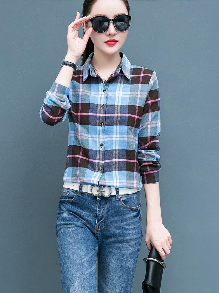 Geruit Overhemd Dames Honderd Dames Tops Los Retro Hong Kong Smaak Lange Mouw Overhemd