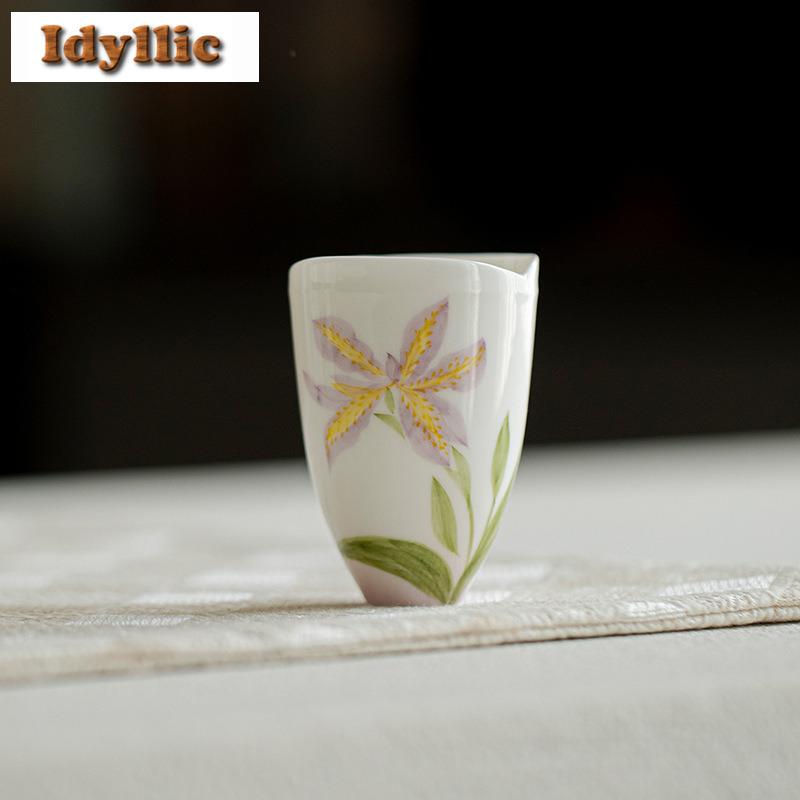 2pc/lot Hand-painted Purple Smoke Iris Teacup Creative Tea Bowl Cute Cup Tea-tasting Personal Cup Chazhan Master Cup Teaset 65ml