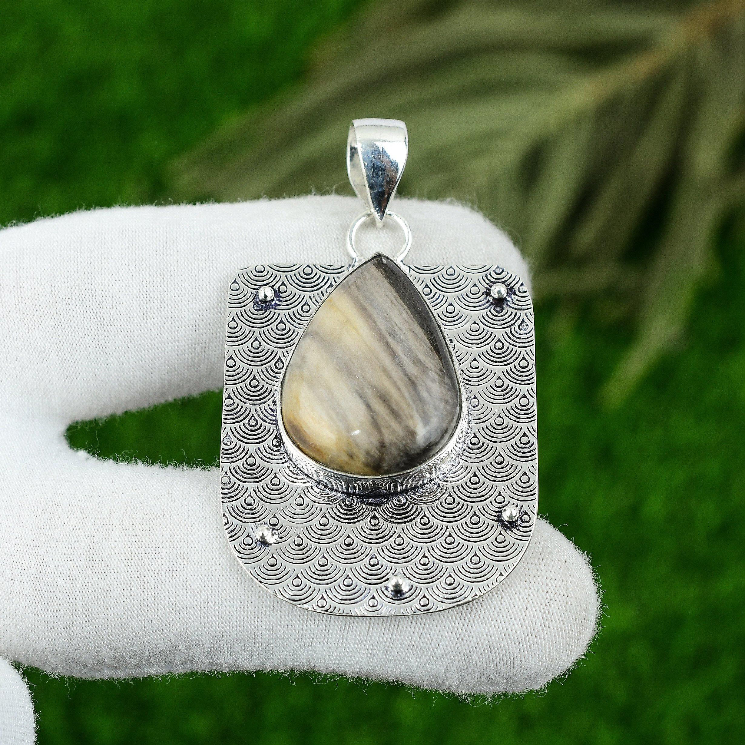 

Sterling Silver Pear Peanut Wood Jasper Stone Wife Elegant Bezel Pendant Jewelry