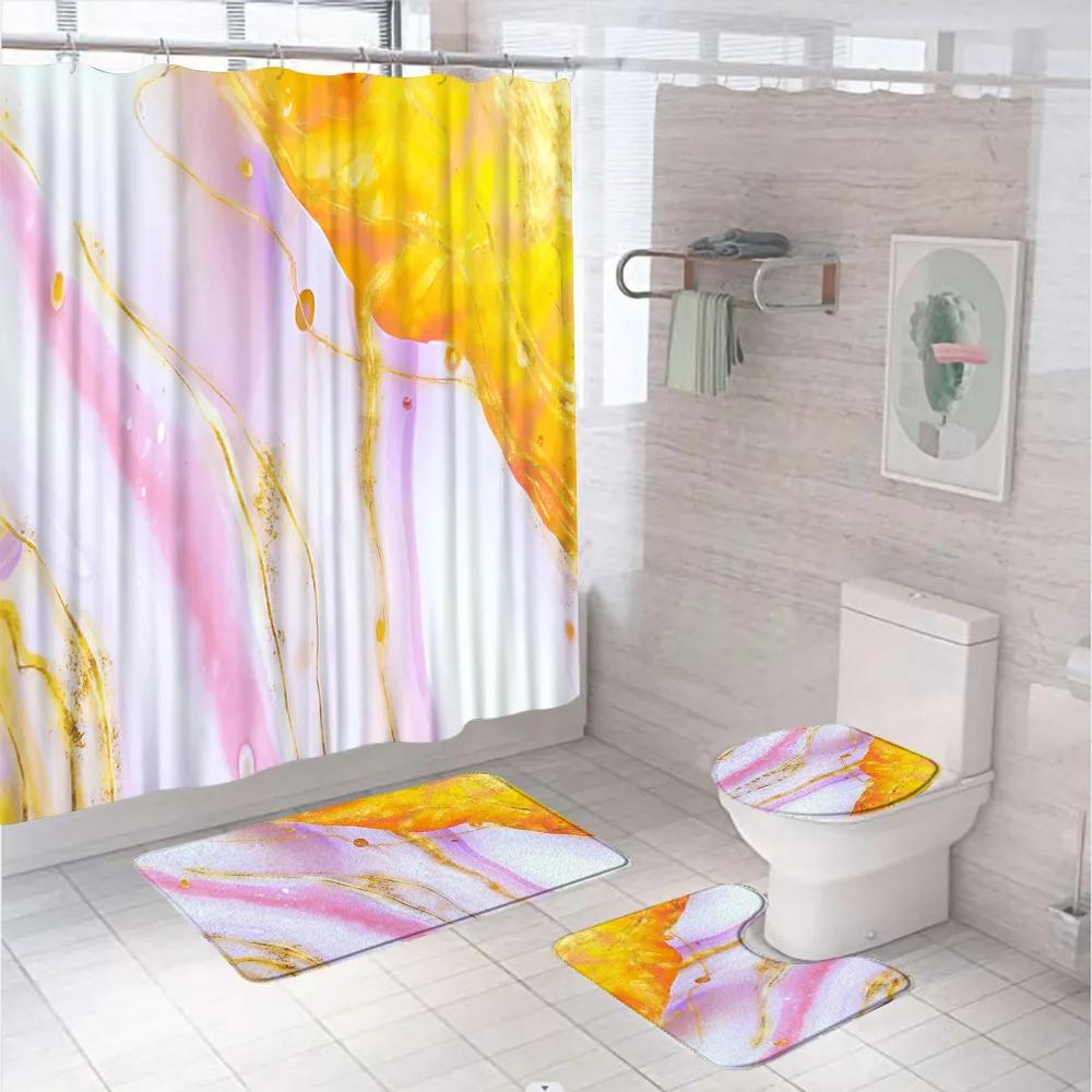 Marbling 3D Shower Curtains Luxury Marble Blue Golden Veins Bath Mats Set Pedestal Rug Toilet Cover Bathroom Curtain With Hooks