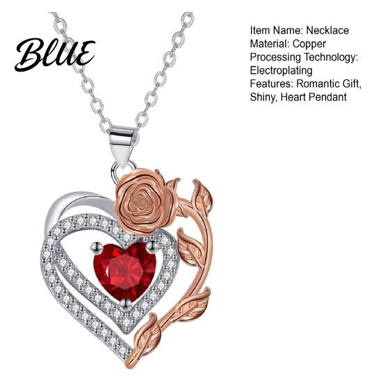 Heart Rose Necklace And Women Faux Gem Red Pendant Jewelry