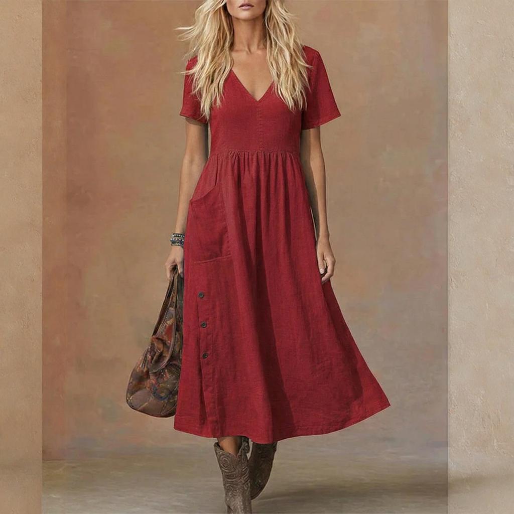 Women's V-neck Short-sleeved Mid-length Loose-fitting Dress With Pockets And Casual