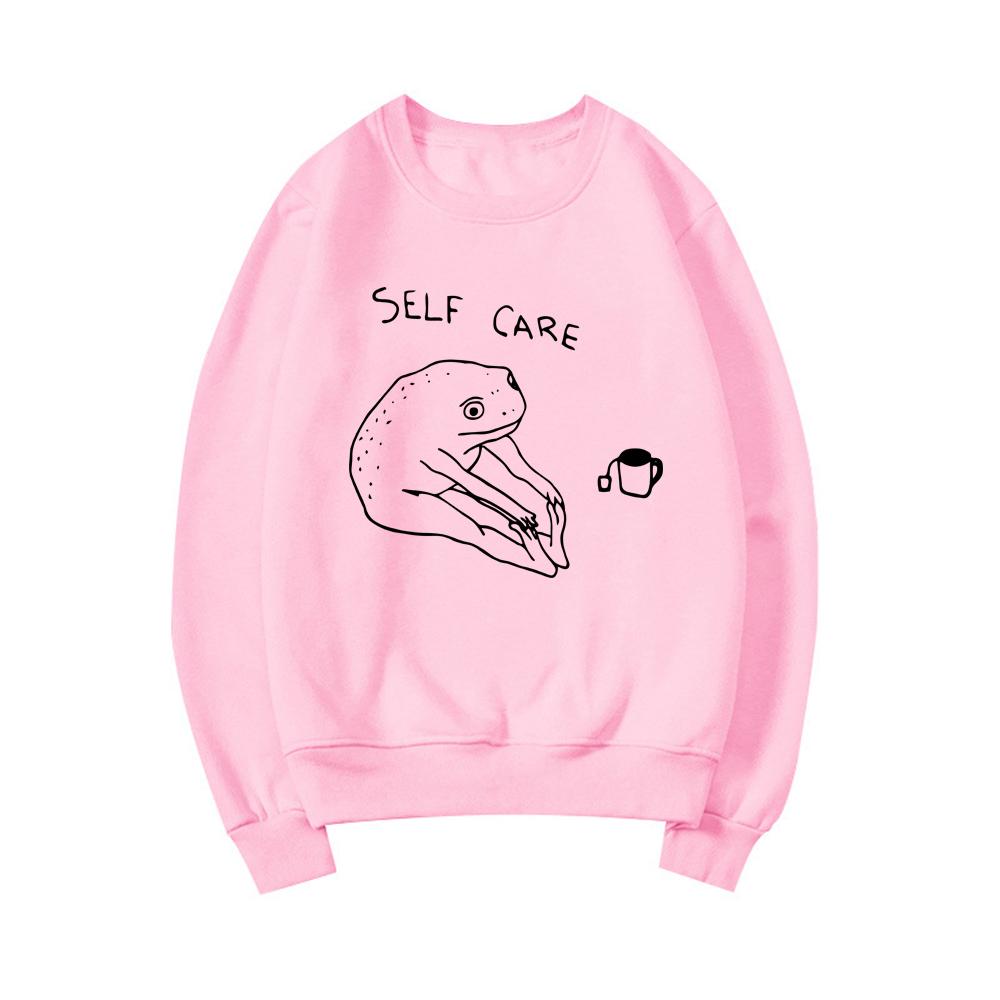 Funny Frog Self Care Retro Sweatshirt Cottagecore Frog Hoodie Women Long Sleeve Sweatshirt Pullover Graphic Hoodies Gift for Her