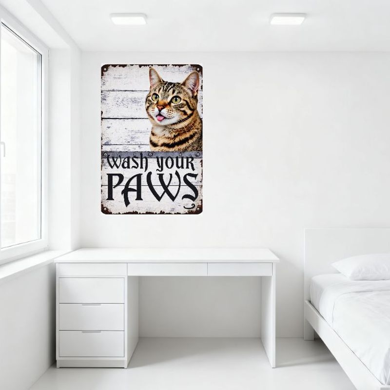 Rustic Metal Sign with Tabby Cat & 'Wash Your PAWS' Text – Weathered White Wooden Plank Background, Distressed Aged Look, Home/P