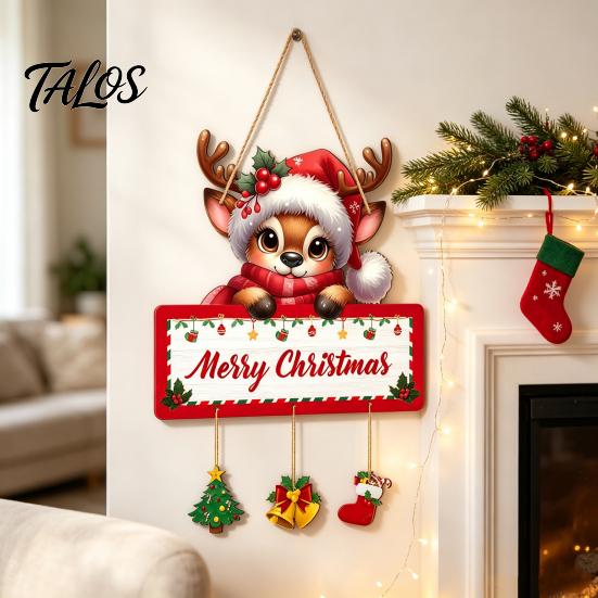 Christmas Wooden Hanging Ornaments Winter Sign, Elk Snowman Decorative Plaque, Sign Door for Holiday Party Home Decor Rustic